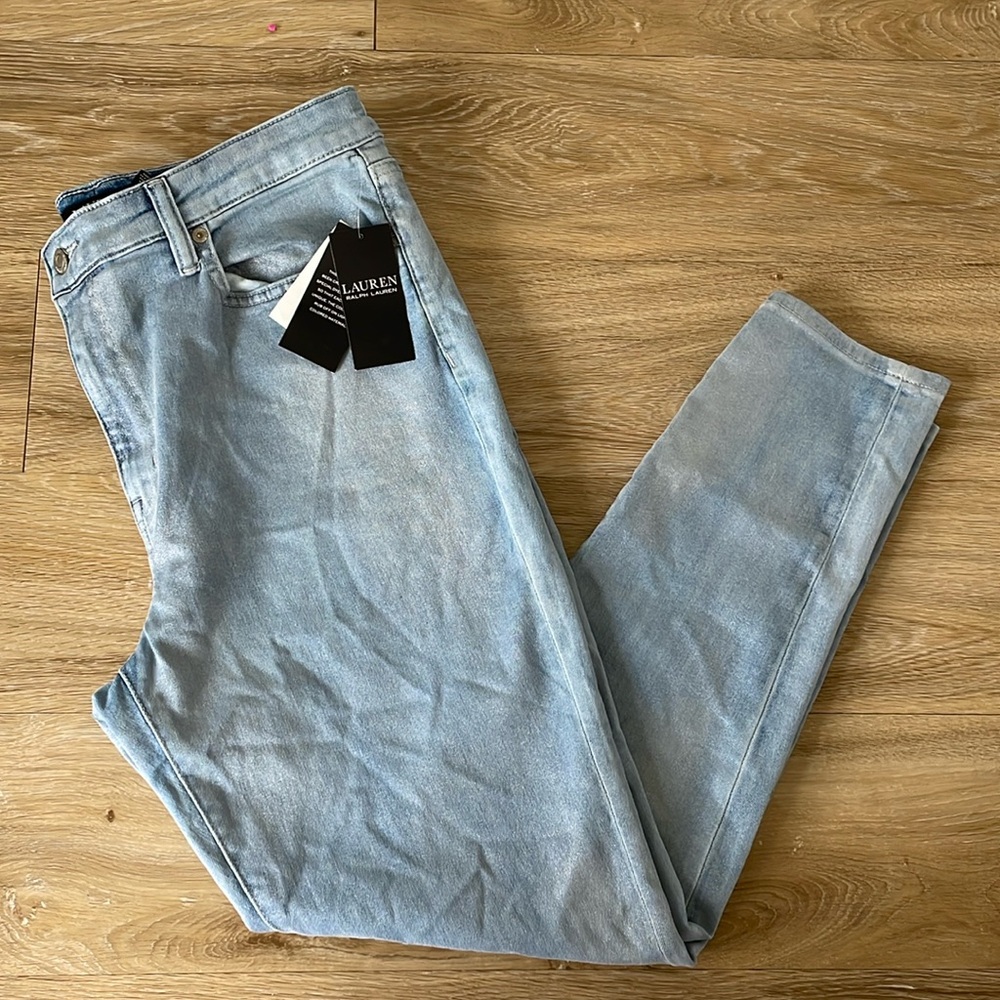 NWT Ralph Lauren High Rise Skinny Ankle Stretch Jeans Size 14 Metallic Wash